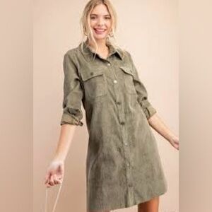 Kori Olive green corduroy shirt dress